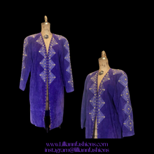 Load image into Gallery viewer, Suede Purple Studded Coat Purple Rain Prince Gold Metal Studded 80's Total Glam Long Throw Coat M/L/XL 1980s