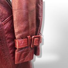 Load image into Gallery viewer, Vintage 70’s Leather Coat Trench Spy in Bergundy Oxblood Highly Detailed