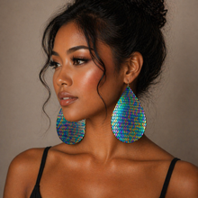Load image into Gallery viewer, Handmade Leather Thick Suede Dangle Earrings Extra Large Rain Drop Iridescent Mermaid Dragon Color 5” long