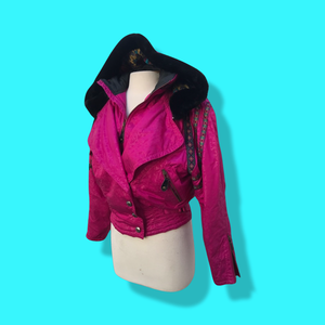 80’s 90’s Hot Pink Hooded Ski Windbreaker Jacket Cropped Tapered Waist Southwestern Aztec Trim