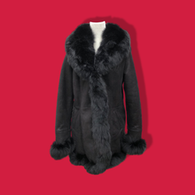Load image into Gallery viewer, New Black Suede Shearling Lined Fox Fur Trim Luxury Coat