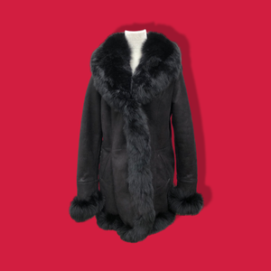 New Black Suede Shearling Lined Fox Fur Trim Luxury Coat