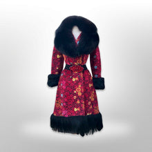 Load image into Gallery viewer, 60’s 70’s Rare Red Carpet Tapestry Coat Needlepoint Floral Exotic Design with Genuine Fox Fur and Goat Shearling Trim Jeweled Belt Small Petite