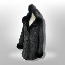 Load image into Gallery viewer, Black Hooded Shearling Suede Coat Alligator Print with Full Shearling Lining