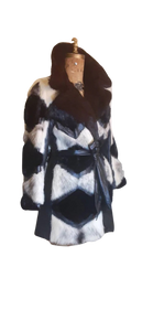 Vintage Women's Coat- Mod Dramatic 60s Cross Mink White Black Leather Mosaic Geometric Princess Jacket Coat
