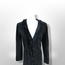 Load image into Gallery viewer, Black Suede Duster with Ruffle Tuxedo Collar Boho