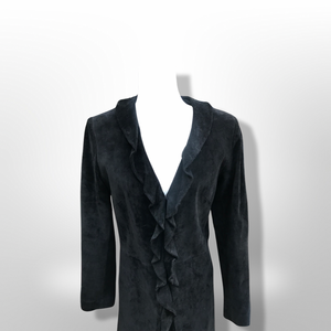 Black Suede Duster with Ruffle Tuxedo Collar Boho