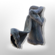 Load image into Gallery viewer, Gray Blue Suede Shearling Hooded Flare Bell Sleeve Coat