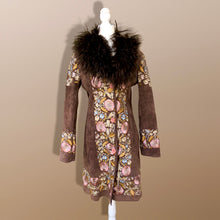 Load image into Gallery viewer, Vintage Deadstock Embroidered Pink Floral Brown Suede and Mongolian Lamb Coat Small Petite
