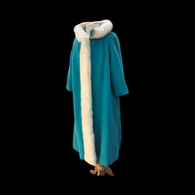 Load image into Gallery viewer, 60’s LIlli Ann Coat Turquoise Blue with Ermine Mink Tuxedo Trim Collar “The World is Yours”