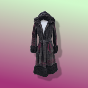 Boho Embroidered Suede Brown and Magenta faux shearling princess hooded coat