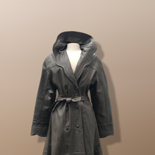 Load image into Gallery viewer, Italian Leather Coat Full Length Scalloped Collar Fit Flare Princess Belted