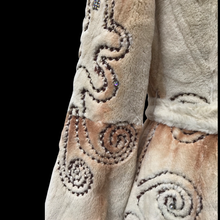 Load image into Gallery viewer, Embroidered Mocha Cream Colored Ombré Sheared Fur Beaver Princess Coat with Crystal Accents Full Skirt and Flared Bell Sleeves Wearable Work of Art One of A Kind