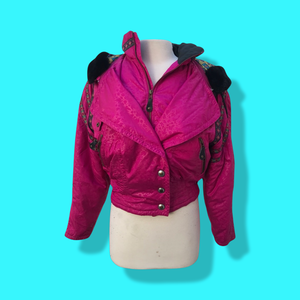 80’s 90’s Hot Pink Hooded Ski Windbreaker Jacket Cropped Tapered Waist Southwestern Aztec Trim