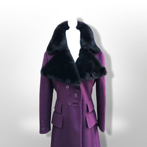 60’s 70’s Plum Purple Long Princess Coat with Sharp Tailoring and Faux Fur Trim