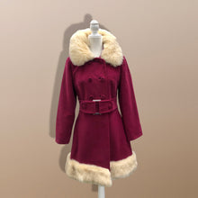 Load image into Gallery viewer, 60’s 70’s Velveteen Maroon Coat Vegan Faux Fur Belted