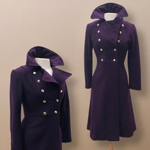 Load image into Gallery viewer, Vintage Deep Purple Military Style Wool Coat Fitted and Tailored