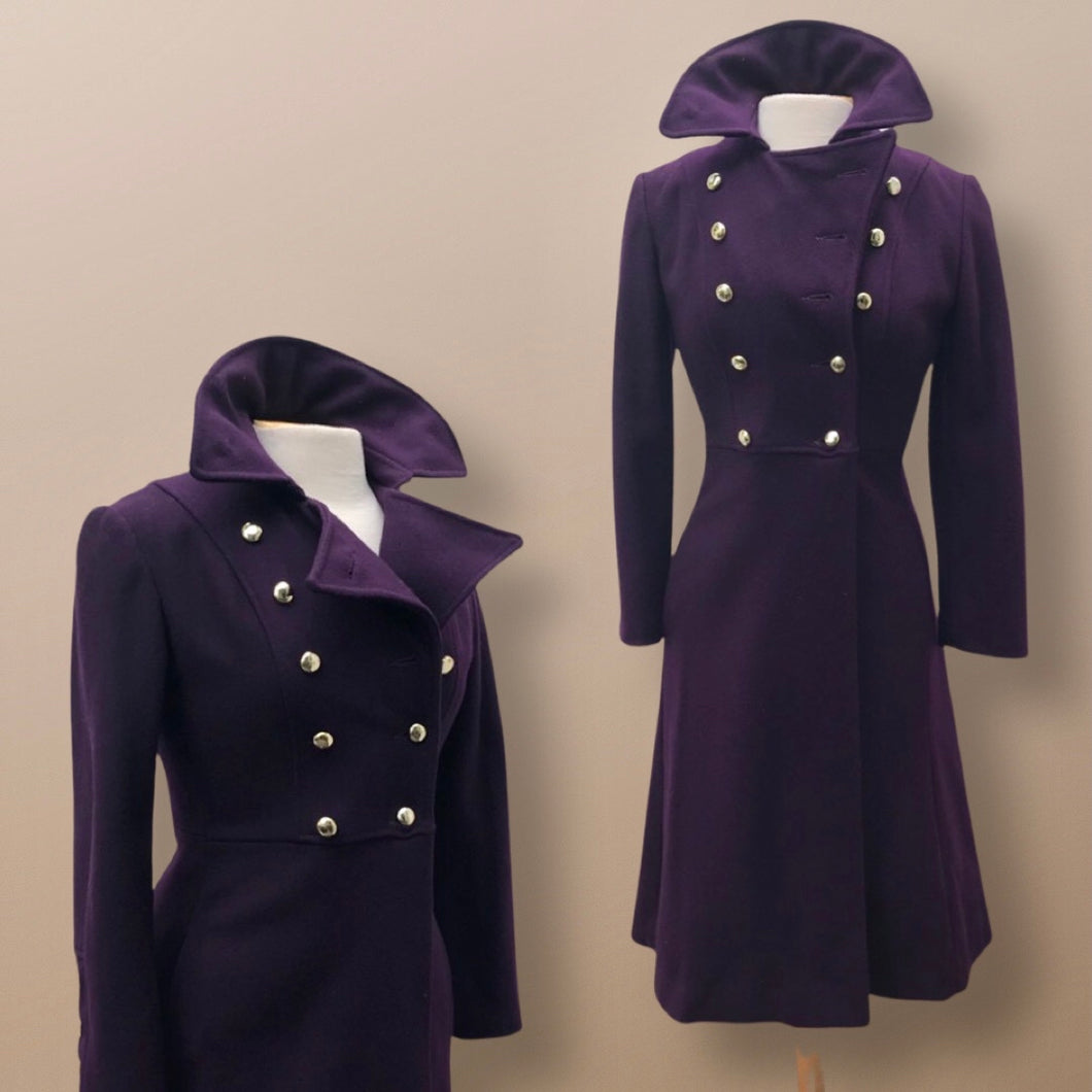 Vintage Deep Purple Military Style Wool Coat Fitted and Tailored