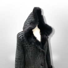 Load image into Gallery viewer, Black Hooded Shearling Suede Coat Alligator Print with Full Shearling Lining