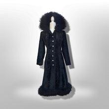 Load image into Gallery viewer, 70’s Vintage Black Princess Shearling and Faux Astrakhan Lamb Fabric hooded Fit and Flare Boho