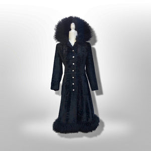 70’s Vintage Black Princess Shearling and Faux Astrakhan Lamb Fabric hooded Fit and Flare Boho