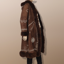 Load image into Gallery viewer, 70’s Penny Lane Brown Hooded Embroidered Suede and Shearling Coat Boho Princess Burning Man Authentic Vintage Hippy Princess