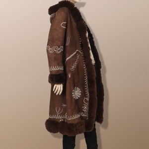 70’s Penny Lane Brown Hooded Embroidered Suede and Shearling Coat Boho Princess Burning Man Authentic Vintage Hippy Princess