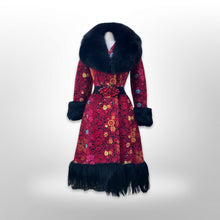 Load image into Gallery viewer, 60’s 70’s Rare Red Carpet Tapestry Coat Needlepoint Floral Exotic Design with Genuine Fox Fur and Goat Shearling Trim Jeweled Belt Small Petite