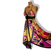 Load image into Gallery viewer, Maxi Dress Asymmetrical Silk Made in Paris V Neck Pink Magenta Yellow Floral and Geometric S/M