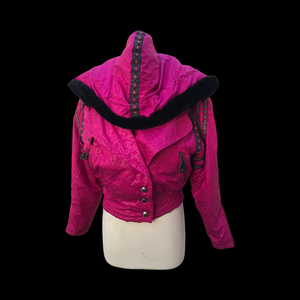 80’s 90’s Hot Pink Hooded Ski Windbreaker Jacket Cropped Tapered Waist Southwestern Aztec Trim