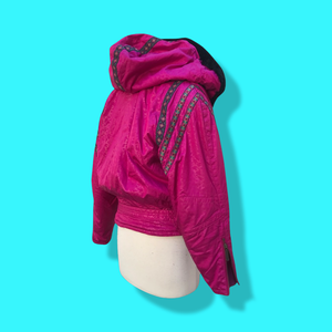 80’s 90’s Hot Pink Hooded Ski Windbreaker Jacket Cropped Tapered Waist Southwestern Aztec Trim