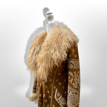 Load image into Gallery viewer, Boho Penny Lane Caramel Suede Sheepskin Curly Mongolian Lamb Intricate Embroidery Embroidered Coat Custom Made in France