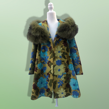 Load image into Gallery viewer, 60’s 70’s Tapestry Carpet Coat Blue Turquoise Green Beaded Belt Fur Fox Norwegian Collar