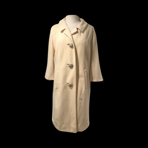 60’s White Cream Bataldi Wool Swing Coat with Large Crystal Buttons