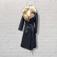 Load image into Gallery viewer, 70’s Navy Leather Coat Trench Spy with Fox Fur Collar