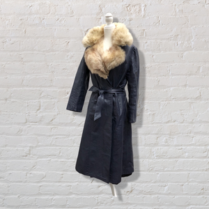 70’s Navy Leather Coat Trench Spy with Fox Fur Collar