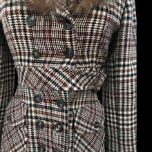 Load image into Gallery viewer, Vintage Tweed Plaid Coat with Fur Collar Fitted Flared Wool Petite