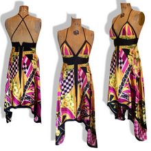 Load image into Gallery viewer, Maxi Dress Asymmetrical Silk Made in Paris V Neck Pink Magenta Yellow Floral and Geometric S/M