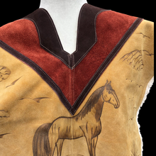 Load image into Gallery viewer, 70’s Suede Poncho Cape Equestrian Serape with Carved Horse Scene Mint Condition Fringe Border One Size Fits All Cowboy Cowgirl Unisex Southwestern Mexican Native Boho One of A Kind
