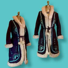 Load image into Gallery viewer, Vintage Coat- 70s Afghan Embroidered Turquoise Blue Sheep Shearling Sheepskin Suede Penny Lane Princess Coat Fit Flare S M Boho Hippy