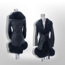 Load image into Gallery viewer, Vintage 60’s 70’s LIlli Ann Made in UK Black Leather Shearling Princess Boho Fit and Flare Coat Pinup
