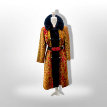 Load image into Gallery viewer, 60s 70s Vintage Gold And Red Floral Carpet Tapestry Coat Velvet Sherpa Boho Chic Burning Man Woodstock Russian Princess Sergeant Pepper's