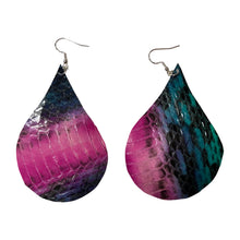 Load image into Gallery viewer, Genuine Snakeskin Leather Earrings Raindrop Elaphe Carinata Snake Magenta and Teal Blue Green