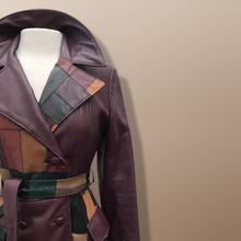 Load image into Gallery viewer, 70s Leather Coat l Maroon Patchwork Fit Flare Trench Spy Boho Studio 54 Mosaic boho chic One of a Kind