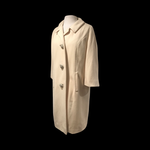 60’s White Cream Bataldi Wool Swing Coat with Large Crystal Buttons