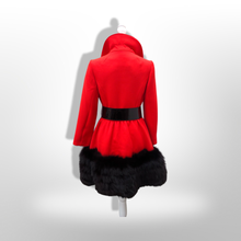 Load image into Gallery viewer, Women's Vintage Lilli Ann Coat- Lipstick Red Orange Bright 60's Mod Wool Thick Tiered Black Fox Fur Trim Fit Flare Princess Small Pinup