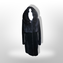 Load image into Gallery viewer, Jet Black Hooded Mink and Shearling Luxury Coat with Rhinestone Button