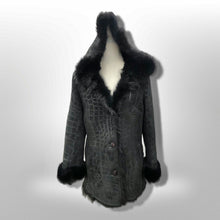Load image into Gallery viewer, Black Hooded Shearling Suede Coat Alligator Print with Full Shearling Lining