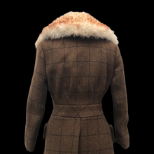 Load image into Gallery viewer, Tweed Plaid Wool Army Green Wrap Coat With Shearling Collar