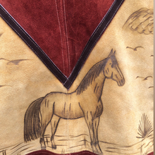 Load image into Gallery viewer, 70’s Suede Poncho Cape Equestrian Serape with Carved Horse Scene Mint Condition Fringe Border One Size Fits All Cowboy Cowgirl Unisex Southwestern Mexican Native Boho One of A Kind